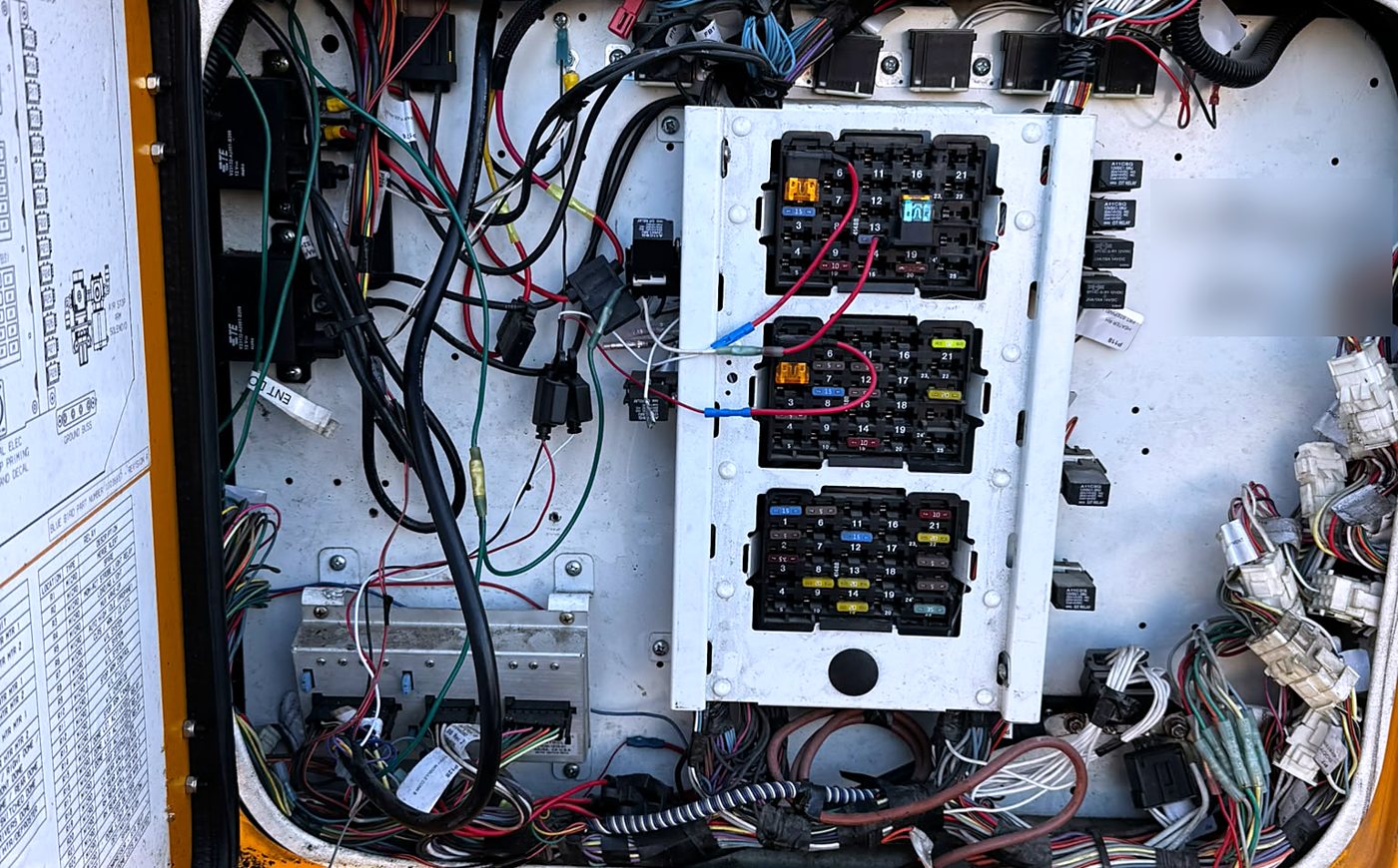 School bus electrical panel with add-on wiring run loose across the fuse blocks