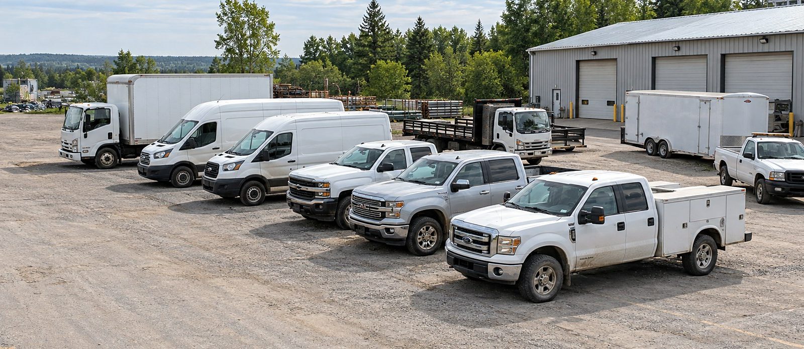 Service fleet of vans and pickups lined up in a yard