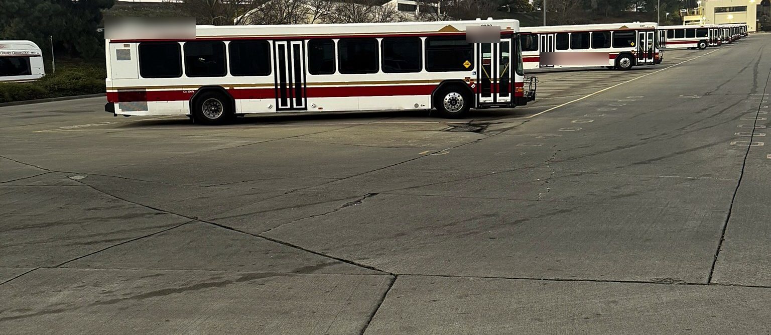 Transit buses in a depot