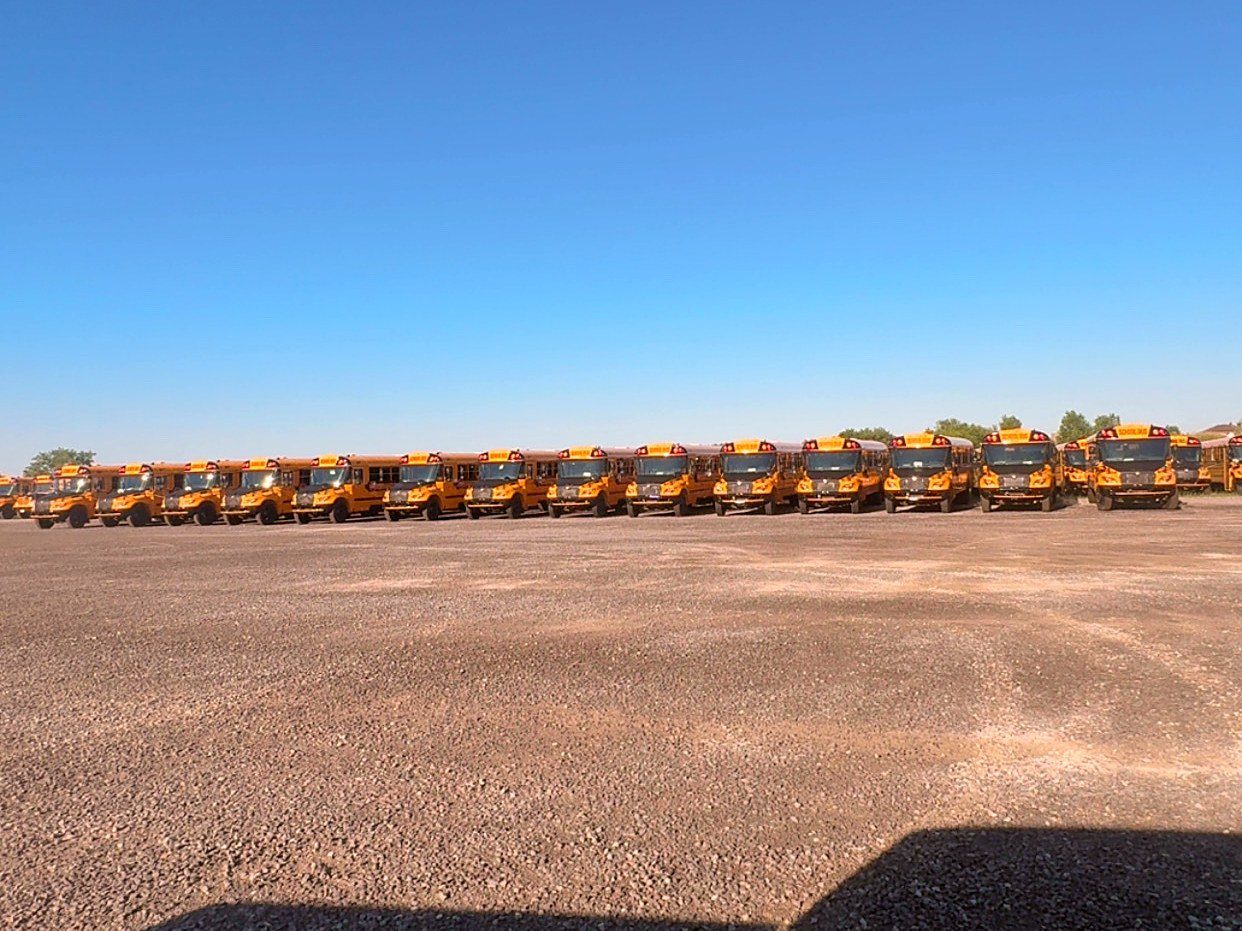Rows of school buses across a large lot